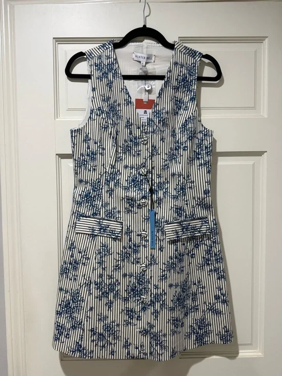 HUNTER BELL Blue and White Floral Stripe Sleeveless Mini Dress - Picture 3 of 3